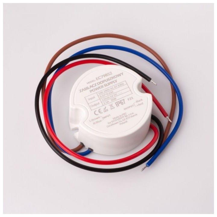 Zasilacz do puszk fi60 2,50A 30W 12V IP67 50x50x22