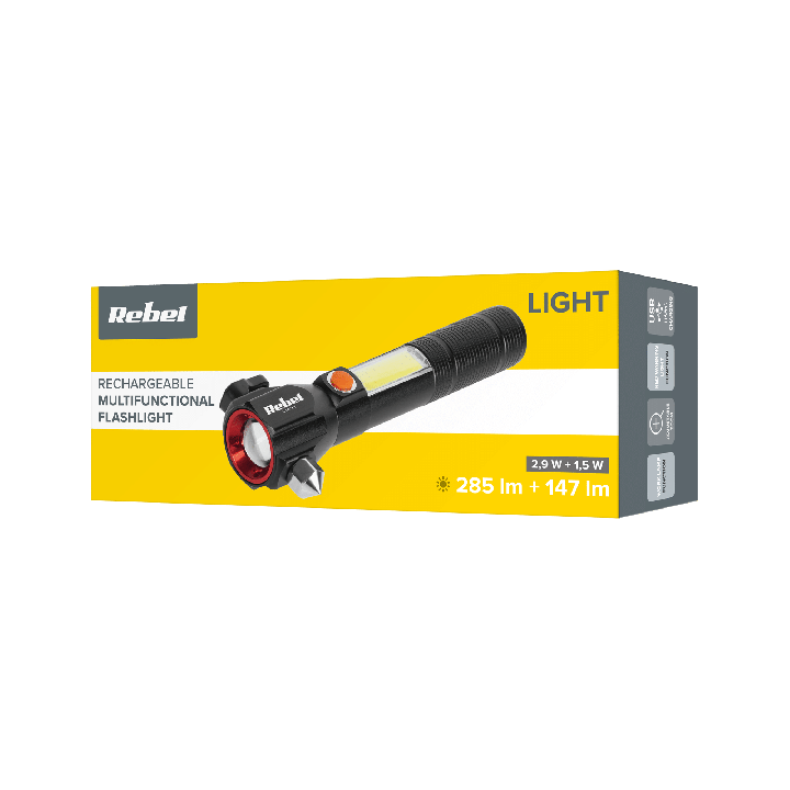 Akumulatorowa latarka wielofunkcyjna REBEL (zoom, nożyk, młotek do szyby)