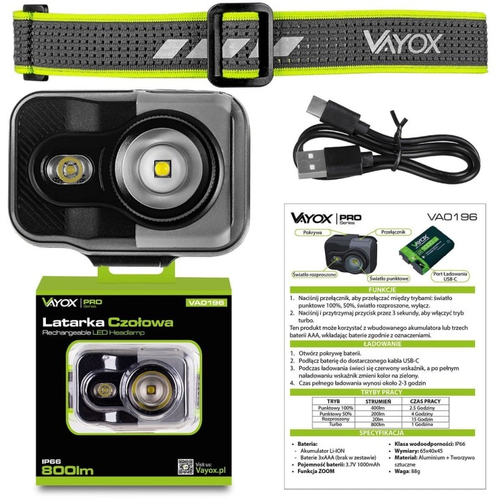 Latarka akumulatorowa czołowa 800lm CREE + SMD Pro Series VA0196 VAYOX