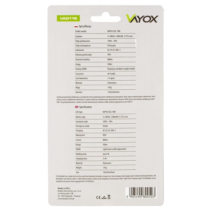 Latarka akumulatorowa taktyczna 800lm VA0116 Vayox