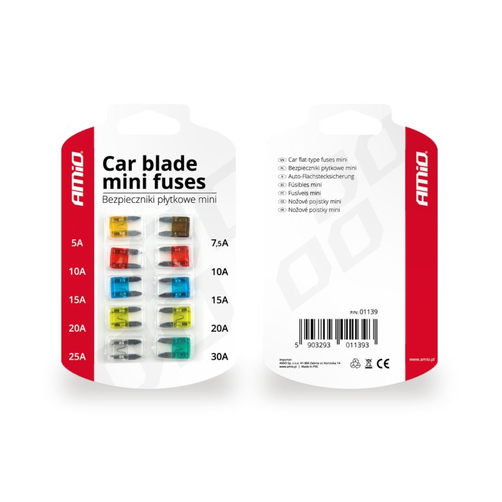 Bezpieczniki samochodowe płytkowe mini zestaw 10 szt. AMIO-01139