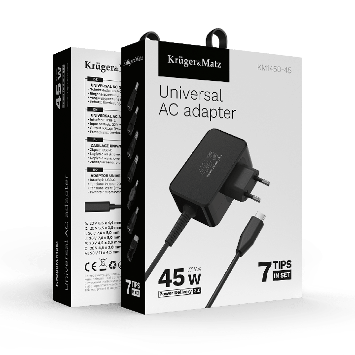 Zasilacz uniwersalny Kruger&Matz 45W z funkcją Power Delivery 7 końcówek