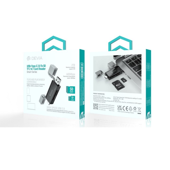Devia czytnik kart 2w1 EL239 USB/USB-C 2.0 czarny Devia