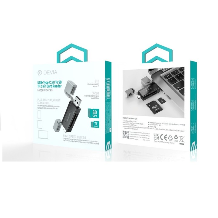 Devia czytnik kart 2w1 EL240 USB/USB-C 3.0 czarny
