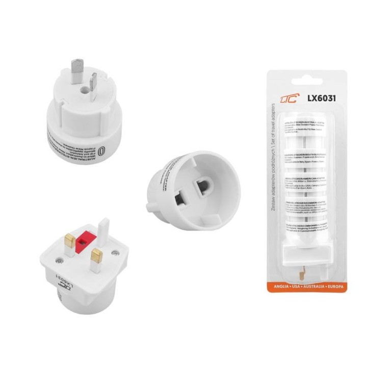 Zestaw adapterów podróżnych Anglia, USA, EUROPA, AUSTRALIA.