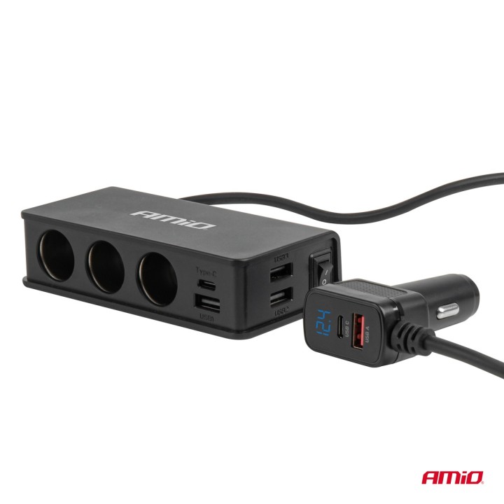 Rozdzielacz gniazda zapalniczki z ładowarką 3xUSB-A USB-C QC 3.0 PD 3.0. 148W AMIO-04836