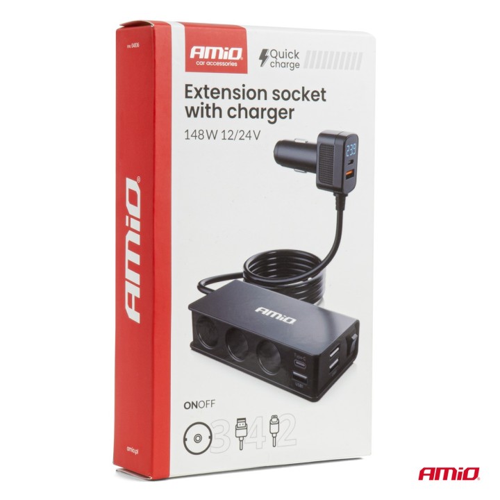 Rozdzielacz gniazda zapalniczki z ładowarką 3xUSB-A USB-C QC 3.0 PD 3.0. 148W AMIO-04836