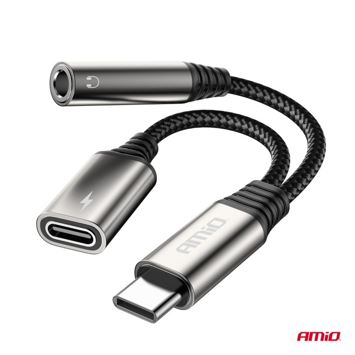 Adapter rozgałęźnik USB-C na USB-C + Mini Jack 3.5mm 10cm AMIO-04295