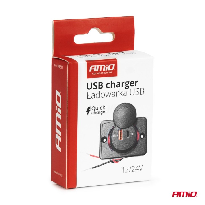 Ładowarka samochodowa z gniazdami USB wodoodporna kwadratowa USB + USB-C QC3.0 12V