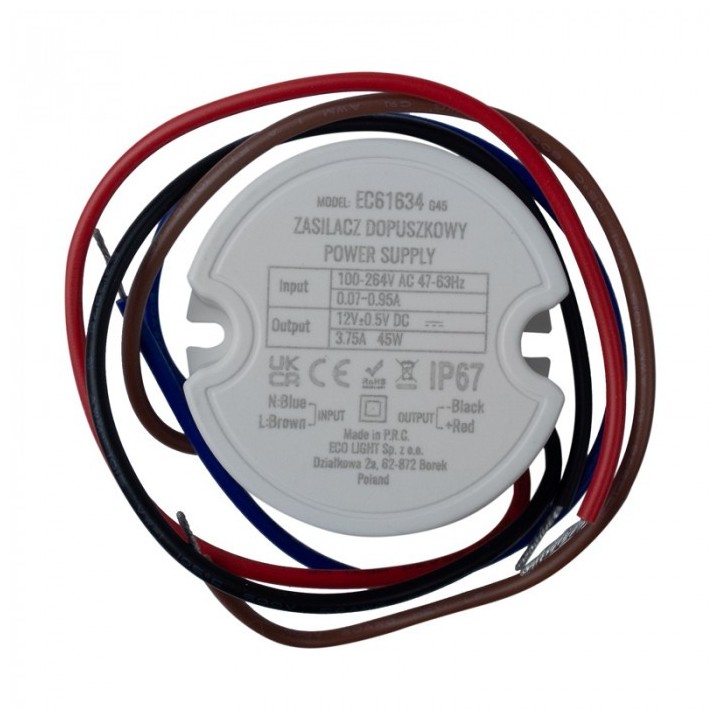 Zasilacz do puszki fi60 3,75A 45W 12V IP67 50x22