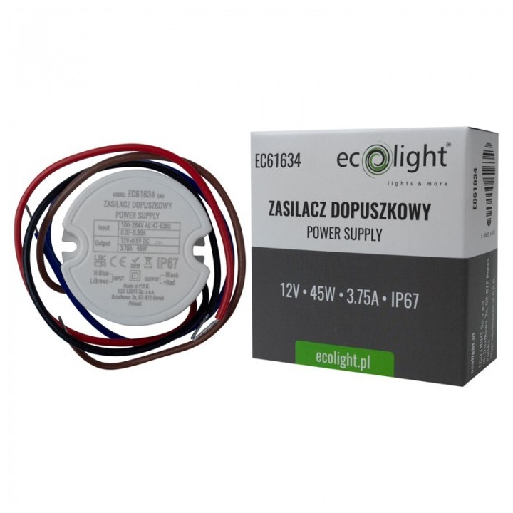 Zasilacz do puszki fi60 3,75A 45W 12V IP67 50x22