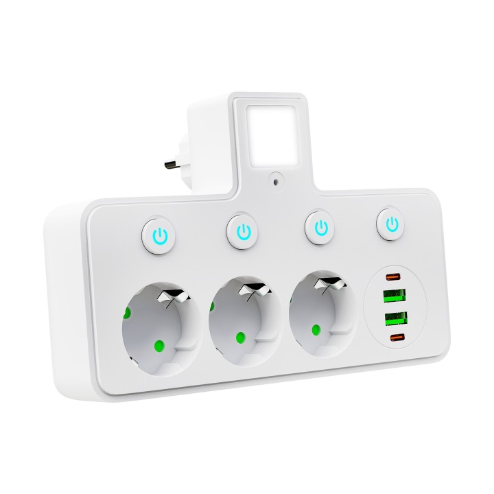 Rozgałęźnik PS-380 3-Gniazda+2xUSB+2xUSB-C z lampką PIR biały