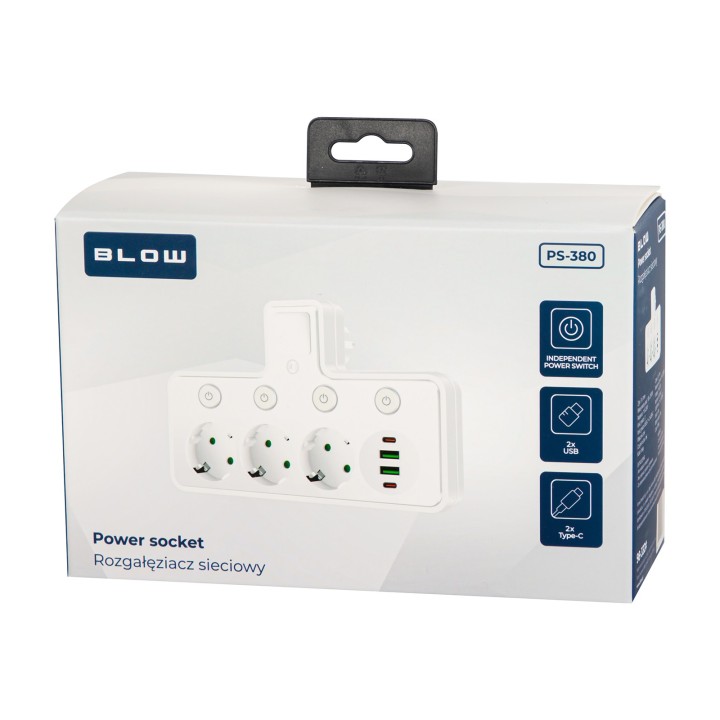 Rozgałęźnik PS-380 3-Gniazda+2xUSB+2xUSB-C z lampką PIR biały