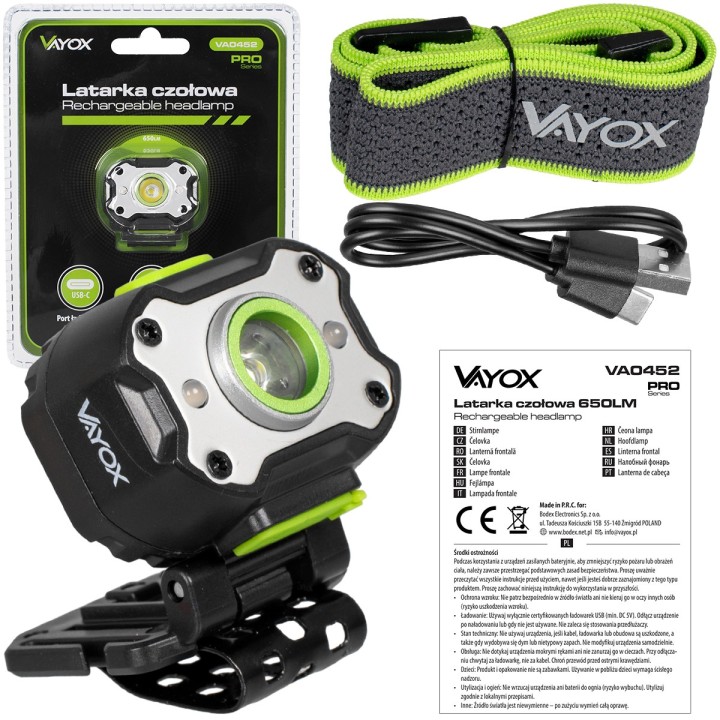 Latarka czołowa akumulatorowa 650lm 200mAh IPX4 VA0452 Vayox