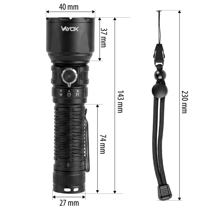 Latarka taktyczna 2000lm światło białe + czerwone + zielony laser VA0457 Vayox