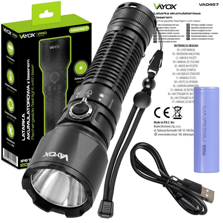 Latarka taktyczna 2000lm światło białe + czerwone + zielony laser VA0457 Vayox