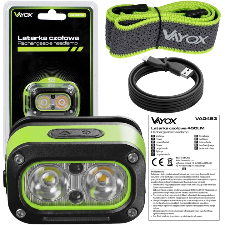 Latarka czołowa akumulatorowa 2x5W 450lm 800mAh VA0453 Vayox