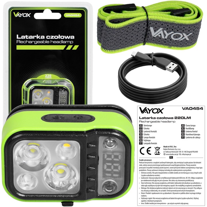 Latarka czołowa akumulatorowa 220lm 800mAh IPX4 (ciepła, neutrana, czerwona) VA0454 Vayox