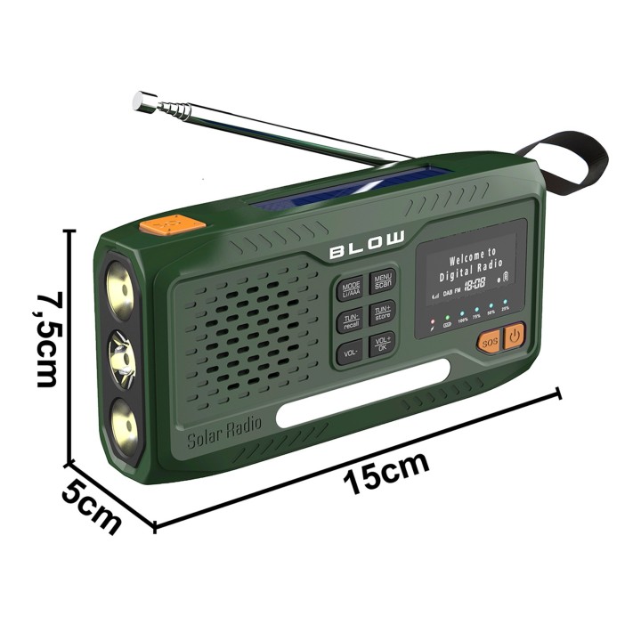 Radio przenośne analogowe/cyfrowe AM/FM/DAB/BT BLOW RA19 solarne na korbkę