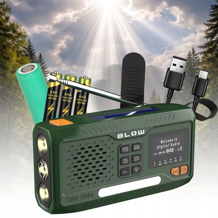 Radio przenośne analogowe/cyfrowe AM/FM/DAB/BT BLOW RA19 solarne na korbkę