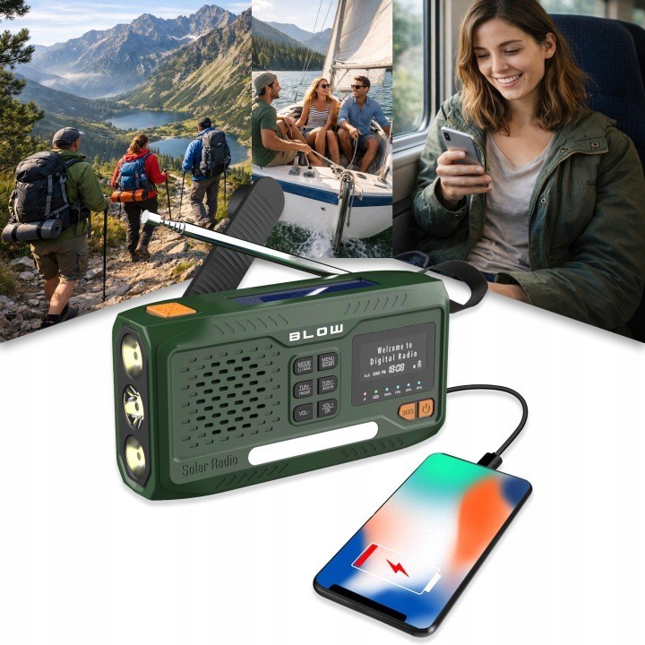 Radio przenośne analogowe/cyfrowe AM/FM/DAB/BT BLOW RA19 solarne na korbkę