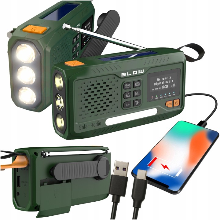 Radio przenośne analogowe/cyfrowe AM/FM/DAB/BT BLOW RA19 solarne na korbkę