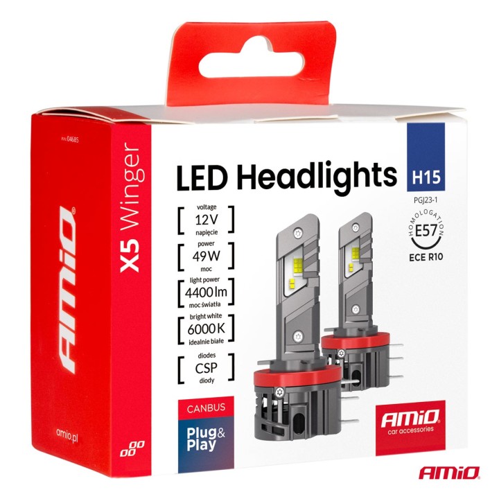 Żarówki samochodowe LED X5 WINGER H15 49W 6000K CANBUS AMIO-04685