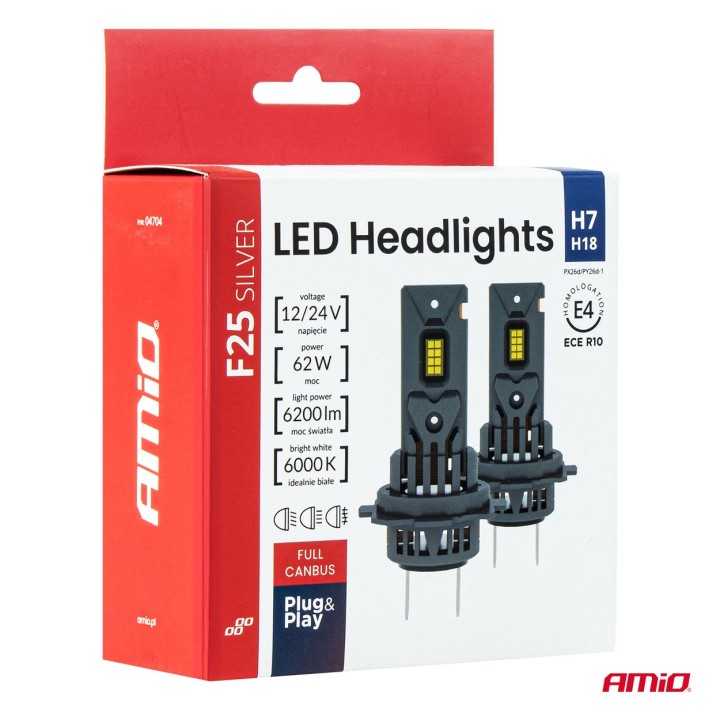 Żarówki samochodowe LED F25 SILVER FULL CANBUS 62W H7 H18 12V 24V AMIO-04704
