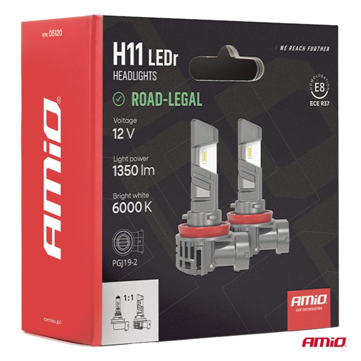 Żarówki samochodowe LEDr z homologacją drogową R37 E-MARK H11 PnP FAN 18W AMIO-05120