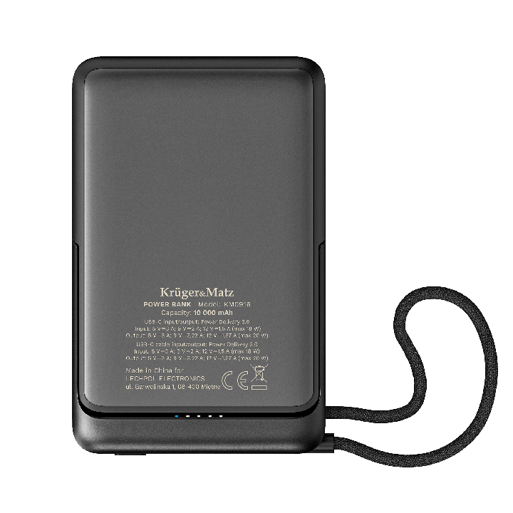 Powerbank Kruger&Matz 10000 mAh Li-pol z funkcją QC oraz PD, certyfikat CCC (kraje Azjatyckie)