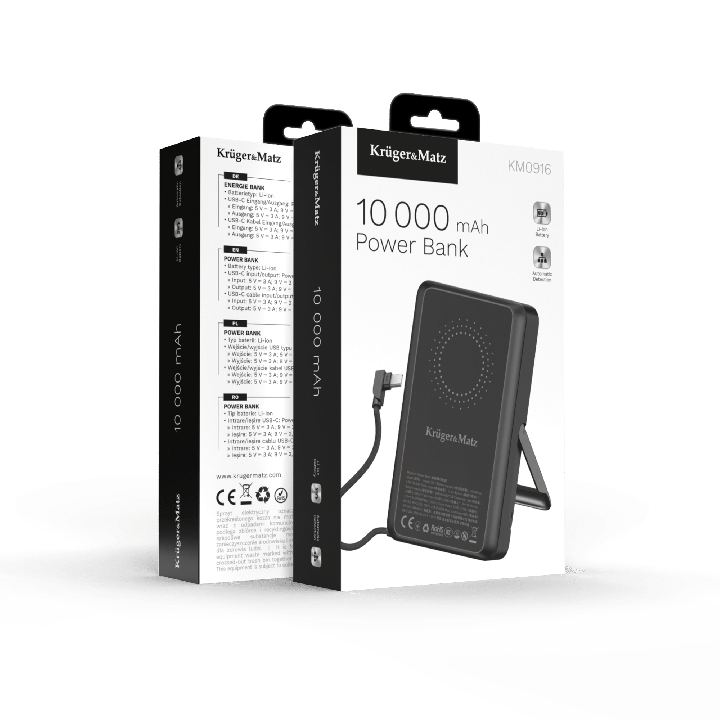 Powerbank Kruger&Matz 10000 mAh Li-pol z funkcją QC oraz PD, certyfikat CCC (kraje Azjatyckie)