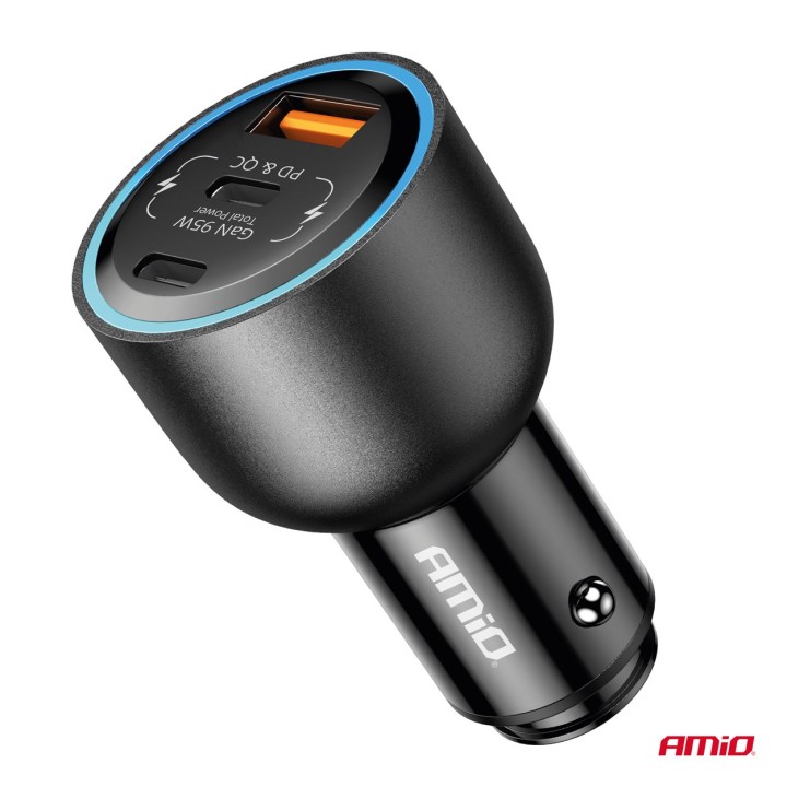 Ładowarka samochodowa 2x USB-C + USB-A 12V 24V 95W AMIO-04372