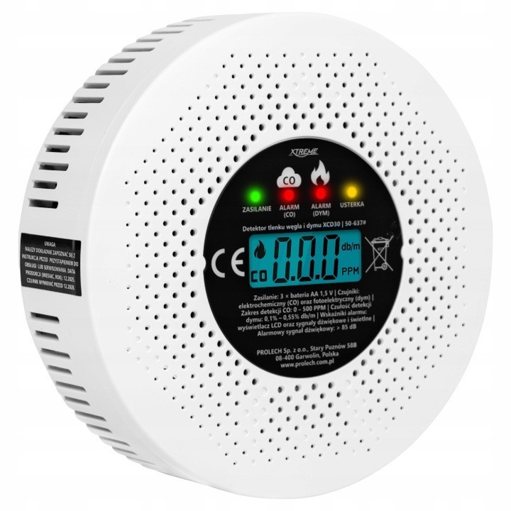 Detektor czujnik czadu i dymu XCD30 LCD 3xAA
