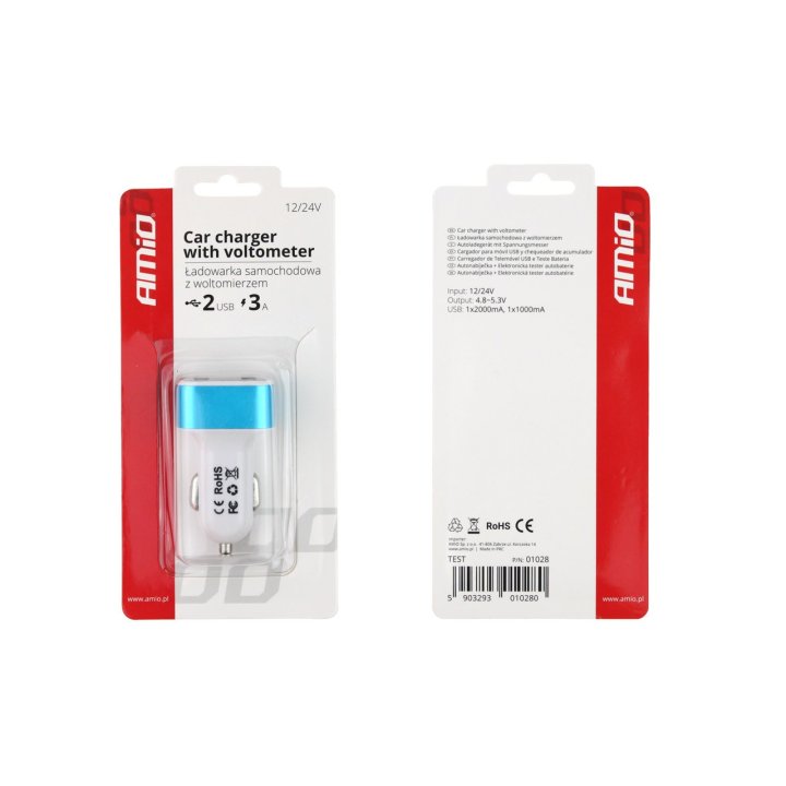 Ładowarka samochodowa 2xUSB + tester napięcia akumulatora TEST-04