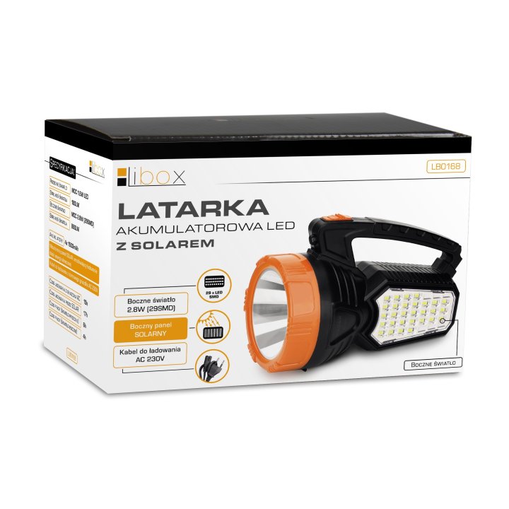 Latarka akumulatorowa LED 1.6W z ładowaniem solarnym i światłem bocznym 2.8W LB0168 LIBOX