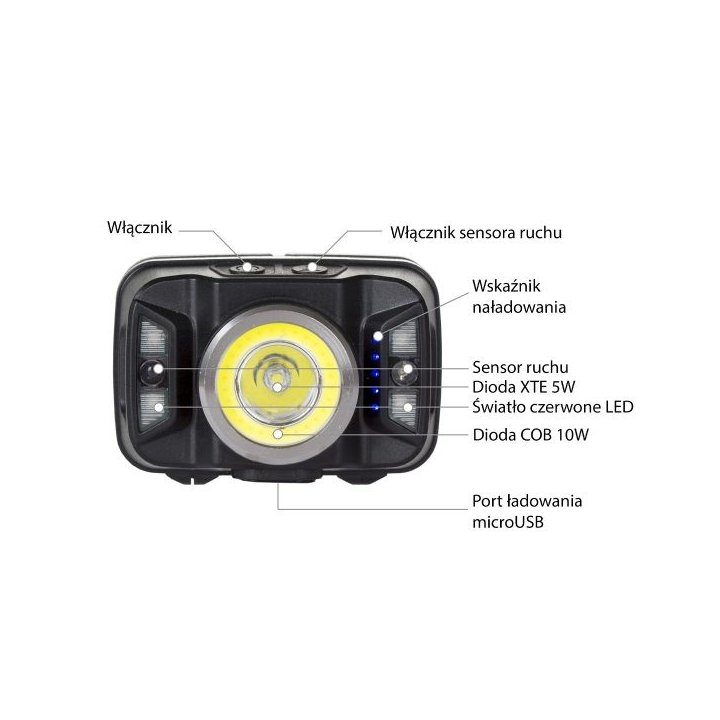 Latarka czołowa akumulatorowa z czujnikiem ruchu XTE 5W + COB 10W VA0025