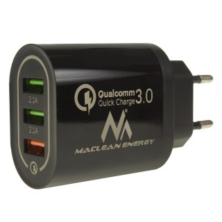 Ładowarka sieciowa Maclean, Qualcomm Quick Charge, QC 3.0 - 3.6-6VV/3A, 6-9V/2A, 9-12V/1.5A, 2 gniazda 5V/2.1A, Czarna, MCE479 B