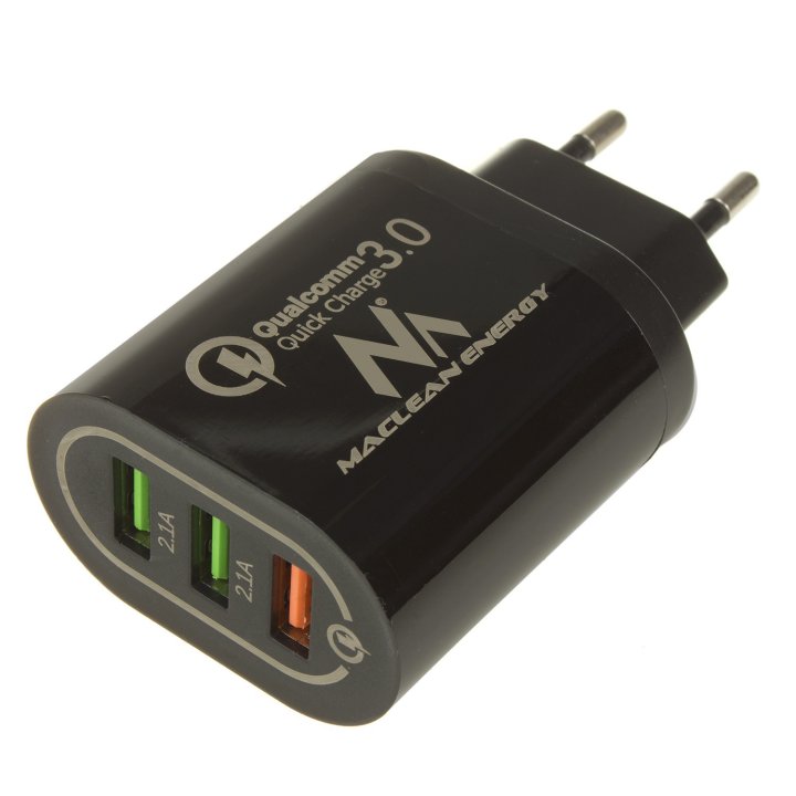 Ładowarka sieciowa Maclean, Qualcomm Quick Charge, QC 3.0 - 3.6-6VV/3A, 6-9V/2A, 9-12V/1.5A, 2 gniazda 5V/2.1A, Czarna, MCE479 B