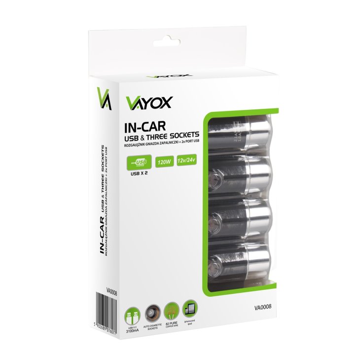 Rozgałęźnik gniazda zapalniczki - 3 gniazda + 2 x USB VA0008 VAYOX